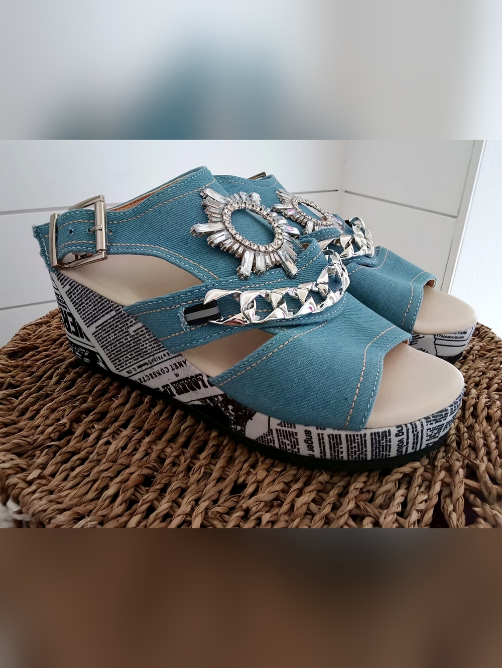 Shein fancy Denim newsprint wedge sandals, 8 - 8.5 (39) New...GREAT price! - Picture 2 of 6